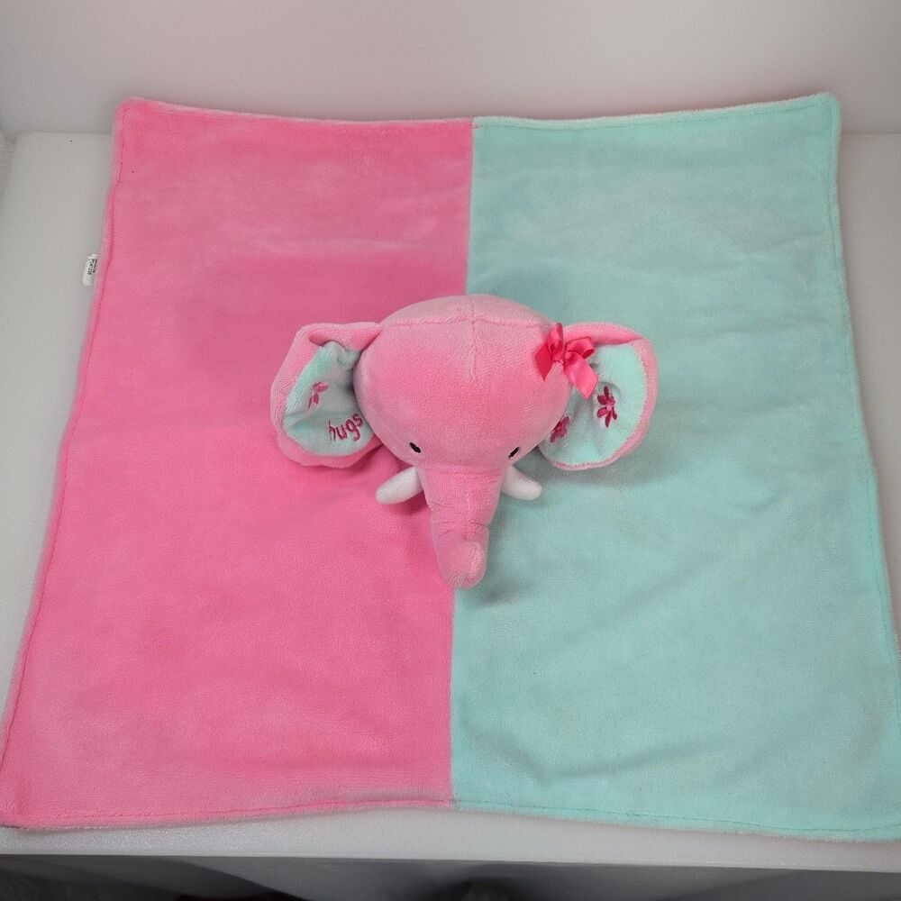 Okie Dokie Elephant Lovey Security Blanket Plush Rattle Hugs Pink Green Satin